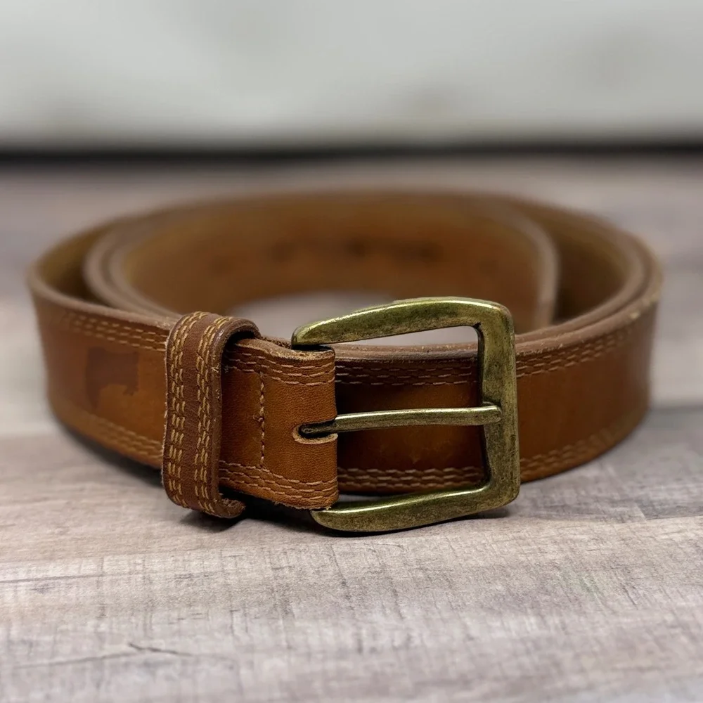 Vtg LL Bean Mens Triple Stitch Boot Logo Belt 44 Brown Leather Gorpcore Outdoor